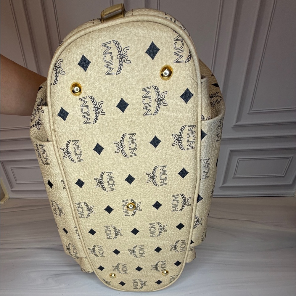 MCM Light Beige Visetos Leather Monogram Hobo Shoulder Bag | Lock & Key Included - Picture 8 of 12